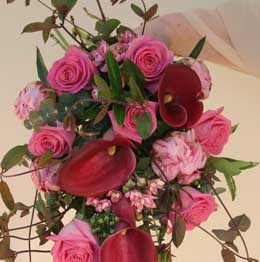 Roses, anthurium, peonies and bouvardia in a shower bouquet