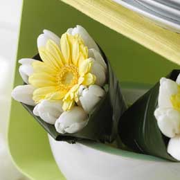 Pale yellow gerbera, white tulips and aspidistra leaf